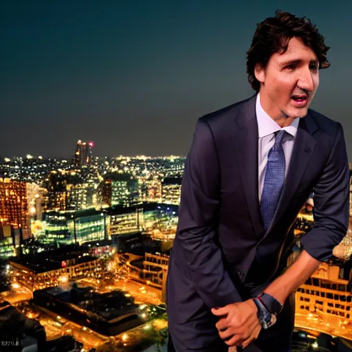 Image similar to Justin Trudeau breathing fire like a dragon at his enemy across from him President Obama, Studio lighting, shallow depth of field. Professional photography City at night in background, lights, colors,4K