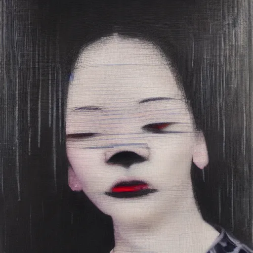 Image similar to yoshitaka amano blurred and dreamy minimalistic oil portrait of a young woman with black lipstick and black eyes wearing dress suit with tie, junji ito abstract patterns in the background, satoshi kon anime, noisy film grain effect, highly detailed, renaissance oil painting, wide brush strokes, weird portrait angle, blurred lost edges