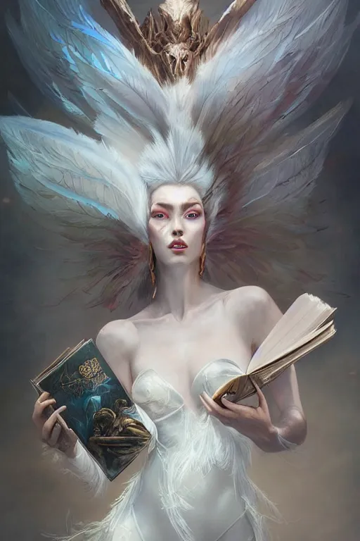 Image similar to beautiful ghost model wearing crystal white feathers, holding books, fantasy, dramatic lighting, highly detailed, digital painting, magic the gathering, hyper detailed, 3 d render, hyper realistic detailed portrait, peter mohrbacher, wlop, ruan jia