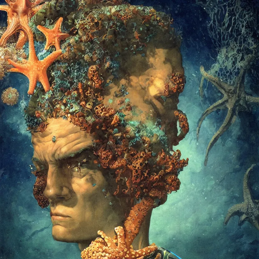 Prompt: a close - up view, dark renaissance portrait of man underwater covered in coral and starfish, surrounded by sea creatures. deep blue and green tones. night time. gloomy dark black background. highly detailed fantasy science fiction portrait painting by norman rockwell, moebius, frank frazetta, and syd mead. rich colors, high contrast. artstation