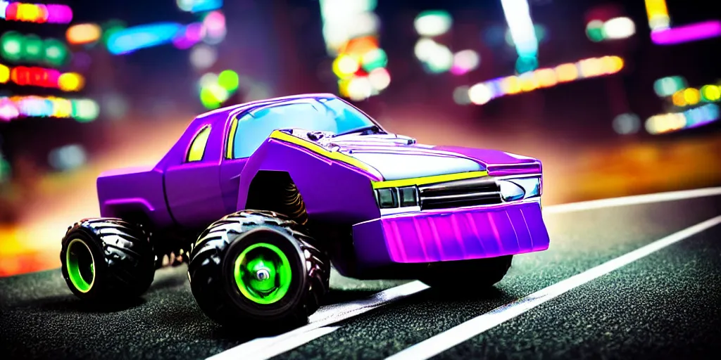 Image similar to anthropomorphic JZX100 twin turbo drift jet engine monster truck drag racer cowboy Cadillac hover-car UFO with cowboy snake facial features speeding in the road, Tokyo prefecture, Japanese architecture, city sunset mist lights, cinematic lighting, photorealistic, detailed alloy wheels, highly detailed purple green snake oil wacky races power ranger bat-mobile transformer car