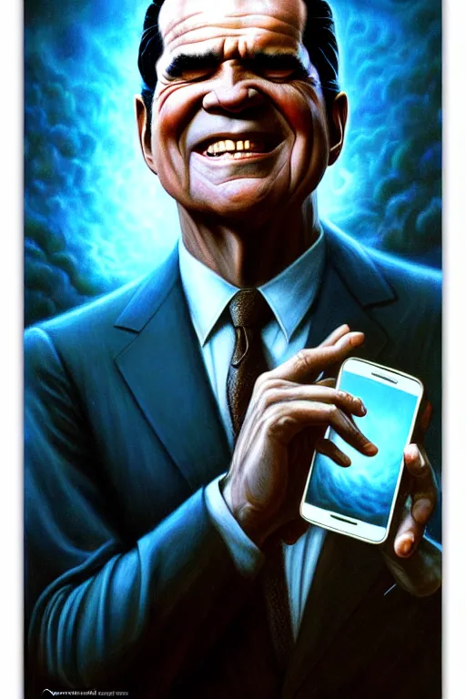 Prompt: Richard Nixon, tarot card, by tomasz alen kopera and Justin Gerard, expensive suit, big smile, cell phone, piercing eyes, symmetrical features, ominous, magical realism, texture, intricate, ornate, royally decorated, whirling blue smoke, embers, radiant colors, fantasy, trending on artstation, volumetric lighting, micro details, 3d sculpture, ray tracing, 8k, anaglyph effect