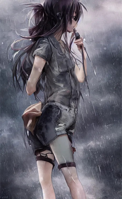 Prompt: anime grungy woman, soft eyes and narrow chin, dainty figure, long hair straight down, torn overalls, skimpy shorts, combat boots, fish net leggings, basic white background, side boob, in the rain, wet shirt, symmetrical, single person, style of by Jordan Grimmer and greg rutkowski, crisp lines and color,