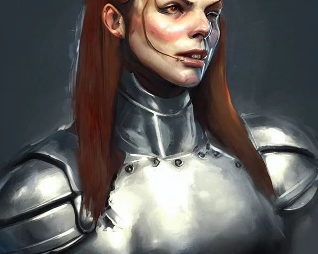 Prompt: portrait of a muscular female knight in team fortress 2 style, detailed face, dark fantasy art, fantasy, pretty, hd shot, digital portrait, beautiful, artstation, comic style, by artgerm, guy denning, jakub rozalski, magali villeneuve, neoartcore and charlie bowater