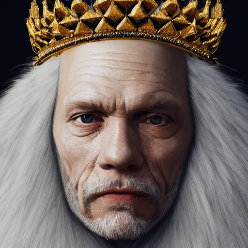 Image similar to John Malkovich with a diamond jeweled crown with a golden crown, photorealistic, highly detailed, 8k, in the art style of Filip Hodas, 8k