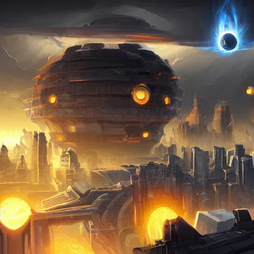 Image similar to black hole rising above city, city destroyed by shockwave, black hole with accretion disс, digital art, art by tyler edlin, stefan koidl, brock hofer