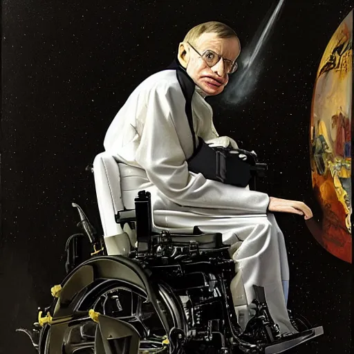 Prompt: stephen hawking in an exoskeleton suit, sci - fi painting by pieter claesz and james c. christensen