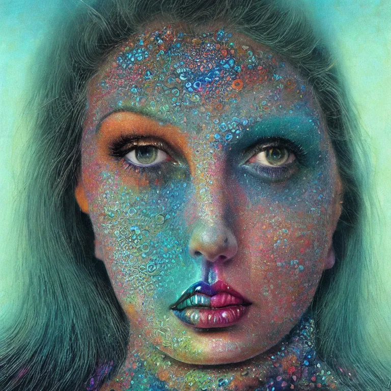 Image similar to Hyperrealistic intensely colored close up studio Photograph portrait of a deep sea bioluminescent Taylor Swift covered in chromatophores, symmetrical face realistic proportions eye contact, sitting in Her throne underwater, award-winning portrait oil painting by Norman Rockwell and Zdzisław Beksiński vivid colors high contrast hyperrealism 8k