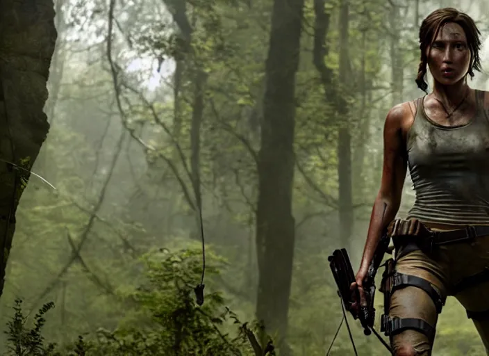 Image similar to film still of!!!! daisy edgar jones!!! as lara croft in new tomb raider movie, 8 k