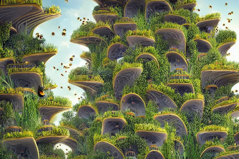 Image similar to futuristic foliage overgrowing favela honeybee hive, art nouveau environment, award winning art, epic dreamlike fantasy landscape, ultra realistic,