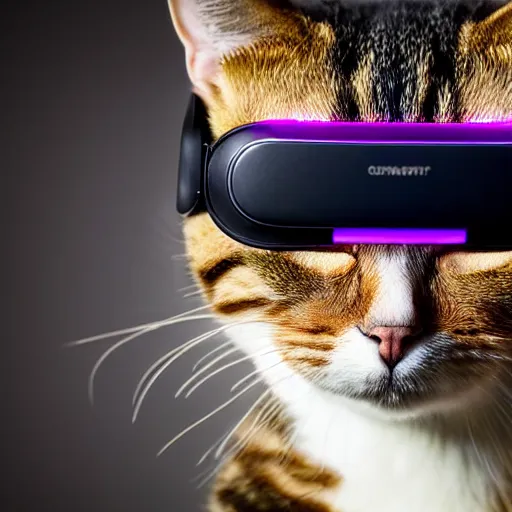 Prompt: a cat wearing a vr headset, cyberpunk, rgb,