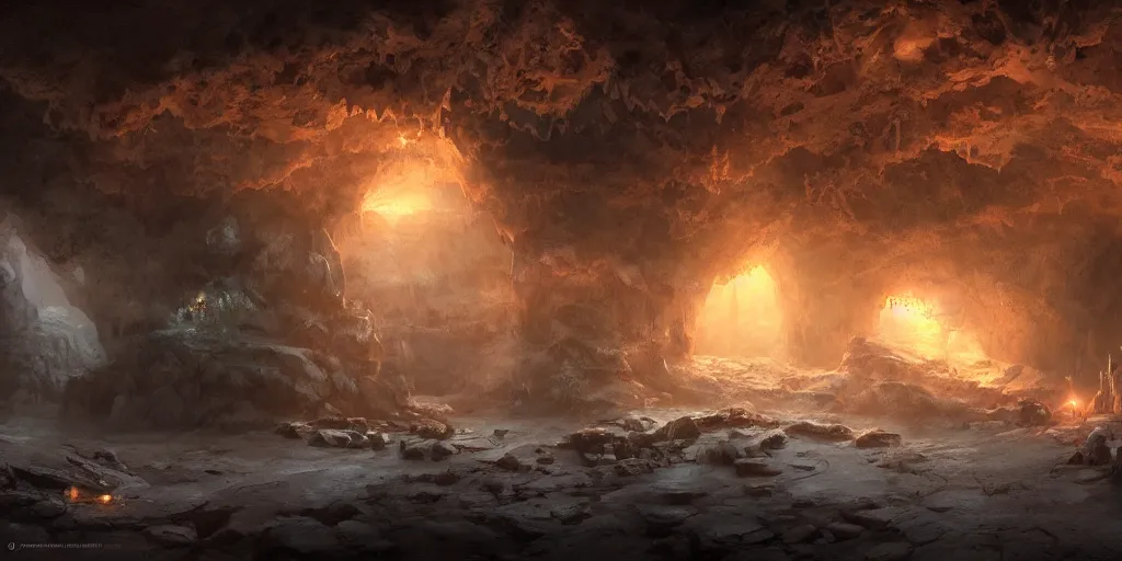 Image similar to beautiful matte painting of a cave with glowing crystals on the walls and bone piles on the floor, fantasy, sharp focus, artstation