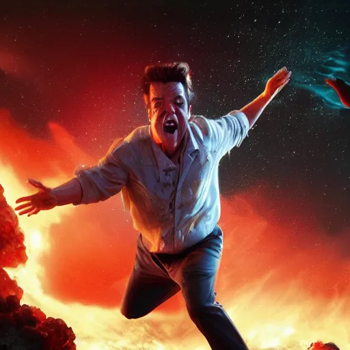 Image similar to hyperrealistic film still of ace ventura pet detective violently exploding in space, stunning 3 d render, inspired by istvan sandorfi & greg rutkowski & unreal engine, perfect symmetry, dim volumetric cinematic lighting, 8 k octane comprehensive render, extremely hyper - detailed, incredibly lifelike attributes, intricate, real flesh texture, masterpiece, artstation, stunning,