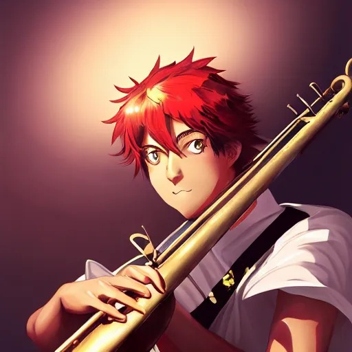 Image similar to portrait of alexander the great as a jazz musician, anime fantasy illustration by tomoyuki yamasaki, kyoto studio, madhouse, ufotable, square enix, cinematic lighting, trending on artstation