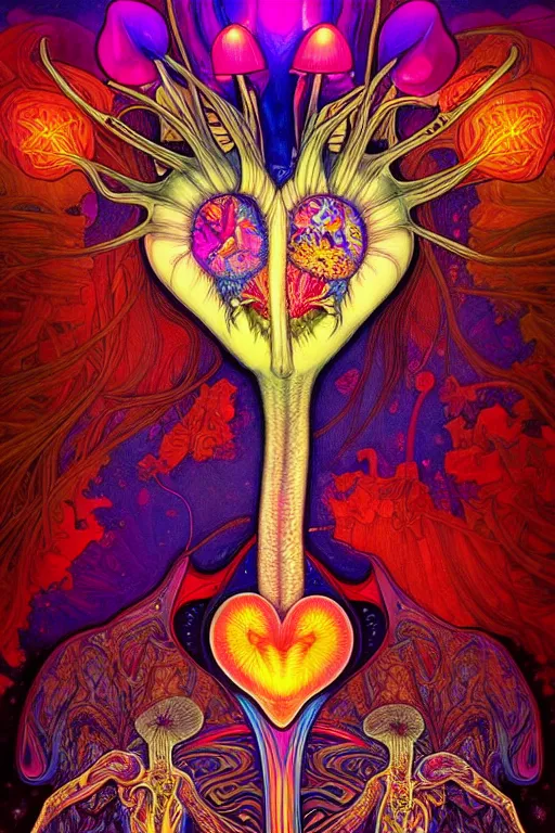 Image similar to An extremely psychedelic abstract illustration of an anatomical human heart, colorful, surreal, dramatic lighting, magic mushrooms, psilocybin, LSD, detailed, intricate, elegant, highly detailed, digital painting, artstation, concept art, smooth, sharp focus, illustration, art by Krenz Cushart and Artem Demura and alphonse mucha, unreal engine 5 render, 8k