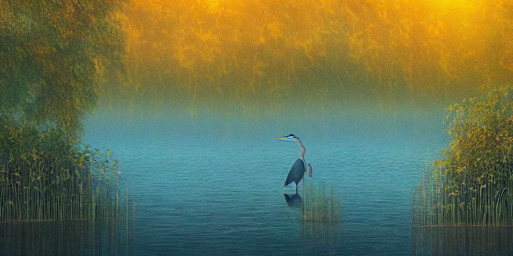 Image similar to a majestic blue heron in shallow river, waterfalls in distance, left border beautiful willow, right border cherry blosom trees, lily pads bullrushes marsh clouds, golden hour intricate luminescent matte painting, highly detailed, artstation