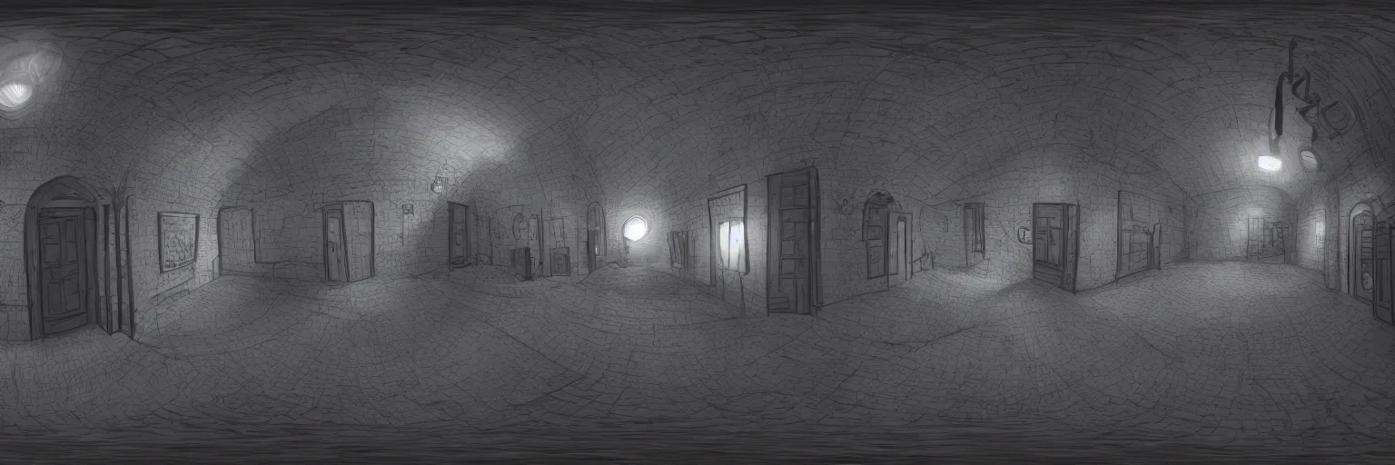 Prompt: dimly lit, theater access corridor background, 3 doors, day of the tentacle style, fish eye, ambient occlusion, octane renderer, 8k, color, vibrant