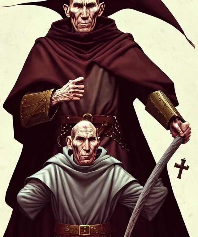 Prompt: a ( fantasy comic ) ( cover art ) portrait of a catholic inquisitor who looks like ( pete postlethwaite ), digital illustration by jenny frison and sana takeda and kentaro miura, fine inking lines, vivid colors, dnd, highly detailed!, hd, 4 k, trending on artstation