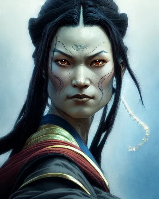 Image similar to azula from avatar the last airbender, character portrait, portrait, close up, concept art, intricate details, highly detailed by greg rutkowski, michael whelan and gustave dore