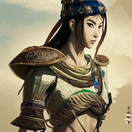 Image similar to ancient asian dynasty princess, three kingdom, dynasty warriors, cute face, standing in an oasis in the desert, 8 k beautiful, elegant, grafity, c 4 d, digital painting, smooth, concept art, in style of yoji shinkawa, pan ren wei, col price, atey ghailan, by greg rutkowski, aesthetic