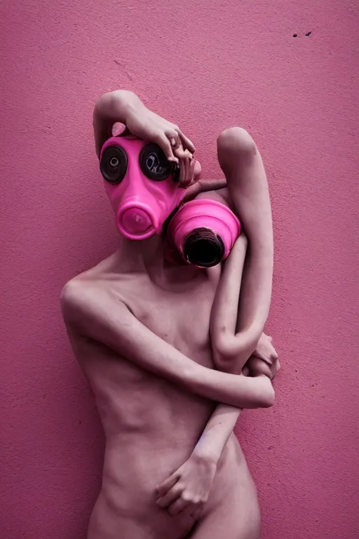 Image similar to a surreal portrait of intertwined and contorted figures wearing gas mask next to a pink wall in the style of brooke didonato, editorial fashion photography from vogue magazine, full shot, nikon d 8 1 0, ƒ / 2. 5, focal length : 8 5. 0 mm, exposure time : 1 / 8 0 0, iso : 2 0 0