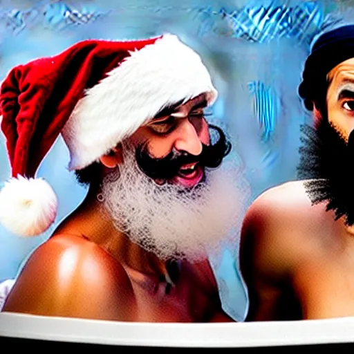 Image similar to uhd candid photo of santa and osama bin laden in a hot tub. photo by annie leibowitz