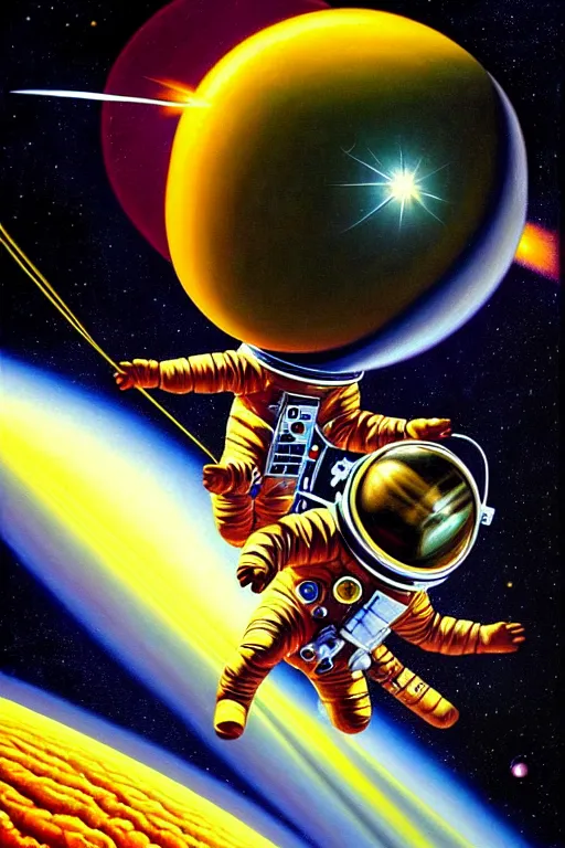 Image similar to a hyperrealistic painting of an astronaut being pulled into the vacuum of space. cinematic horror by jimmy alonzo, the art of skinner, chris cunningham, lisa frank, richard corben, highly detailed, vivid color,