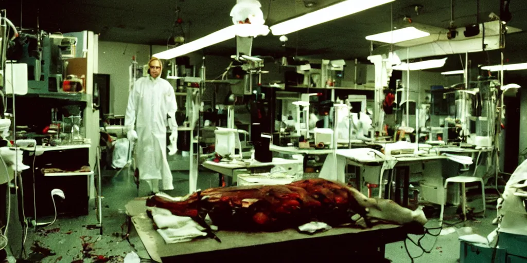 Image similar to filmic extreme wide shot dutch angle movie still 35mm film color photograph of a doctor completely dismembered, body parts strewn across a lab room floor in pools of fresh blood in the style of a horror film