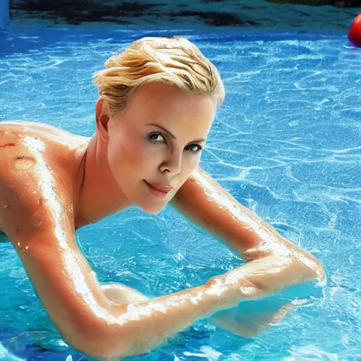 Prompt: charlize theron swimming in a pool filled with ketchup, a vat of red ketchup