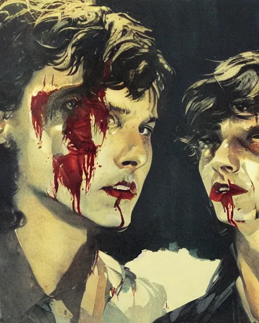 Image similar to two handsome but sinister young men in layers of fear, with haunted eyes and wild hair, 1 9 7 0 s, seventies, wallpaper, a little blood, moonlight showing injuries, delicate embellishments, painterly, offset printing technique, by coby whitmore