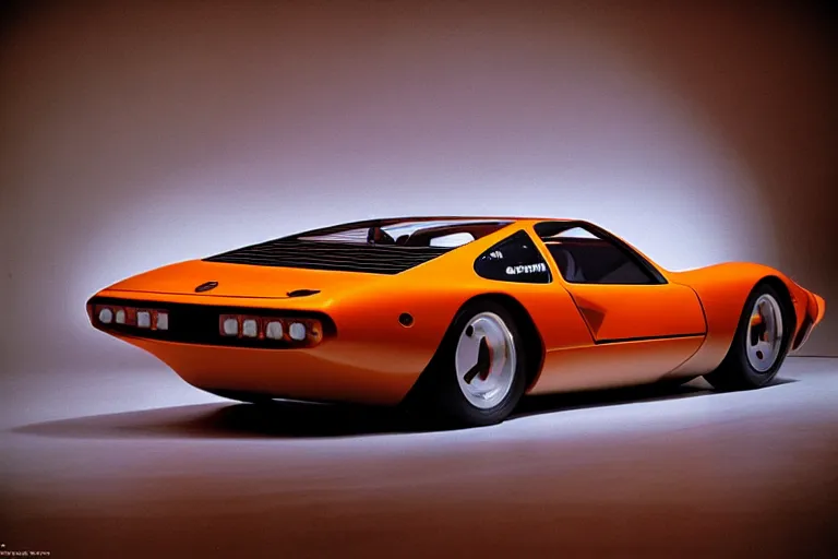 Image similar to designed by Giorgetto Giugiaro stylized poser of a single 1973 Citroen DM Miura ((McLaren F1)) DeLorean, thick neon lights, ektachrome photograph, volumetric lighting, f8 aperture, cinematic Eastman 5384 film