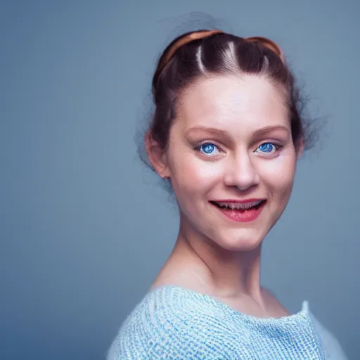 Image similar to a vivid color portrait of a smiling female with two buns hairstyle, light skin and big blue eyes, soft cinematic lighting, shallow depth of field, photograph by annie leibovitz, 4k