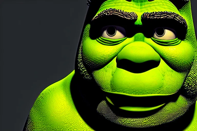 Image similar to ( ( dither ) ), editorial pixel art portrait of an angled 2 d shrek,'he knows what you did ', confident smirk, 😏, ( ( mads berg ) ), rich detailed pixels, detailed, dynamic composition, detailed pixel artwork, full og shrek, wide angle, matte print, art nouveau, unreal engine