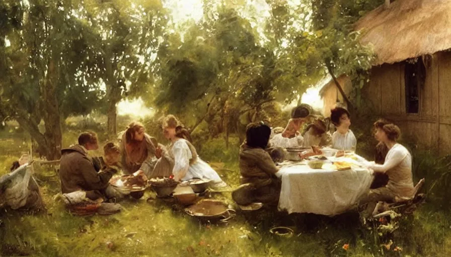 Image similar to simple villager family about to eat a meal together in their beautiful simple cottage home, art by anders zorn, wonderful masterpiece by greg rutkowski, beautiful cinematic light, american romanticism thomas lawrence, greg rutkowski