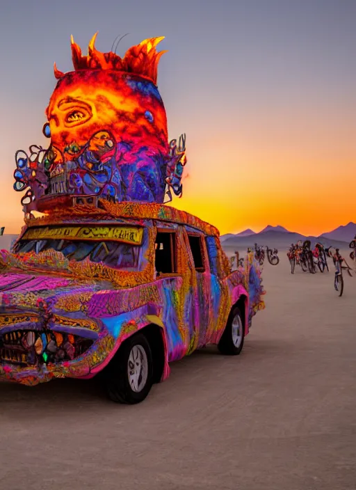 Image similar to burning man art car, sunset, 4 k