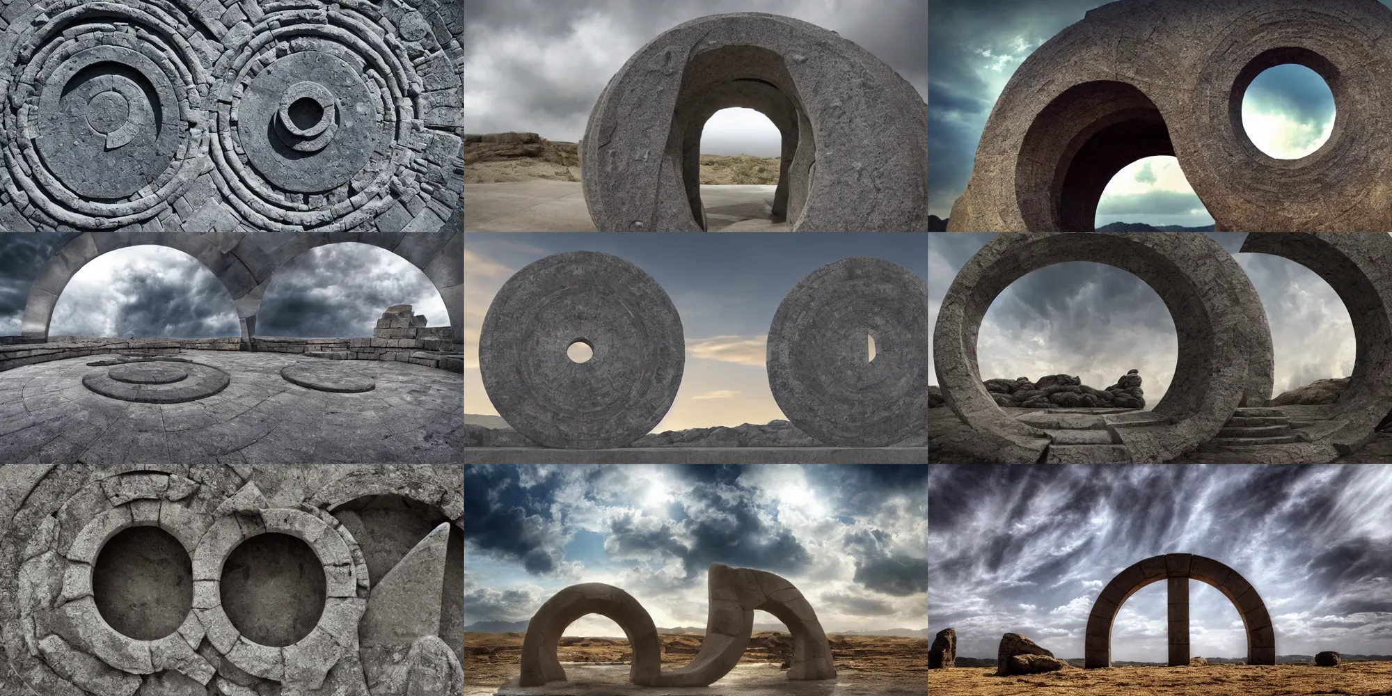 Image similar to stargate made of stone that form a circle, cinematic view, epic sky