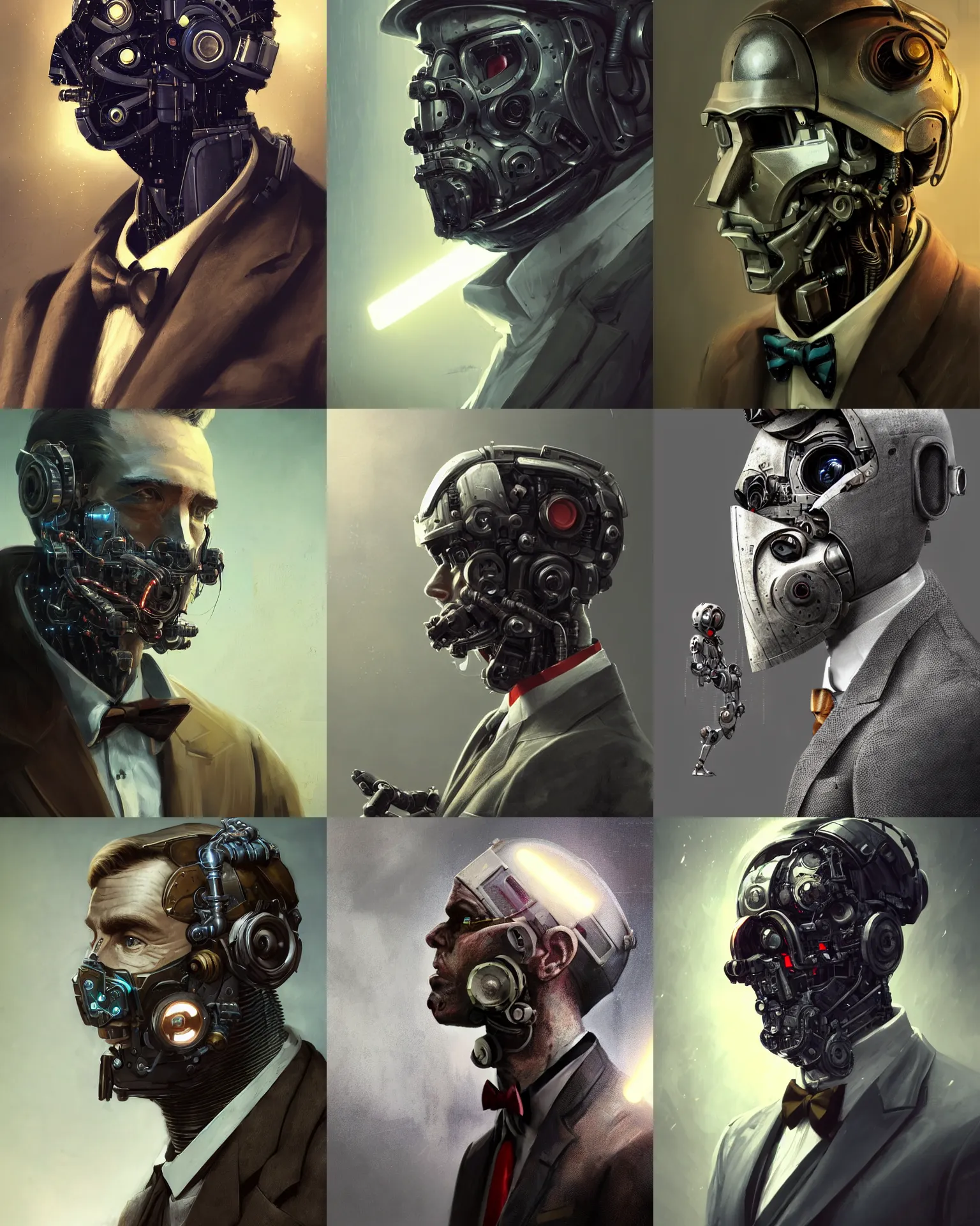 Image similar to a rugged young engineer man with cybernetic enhancements wearing a suit and bowtie, detailed face with mask, scifi character portrait by greg rutkowski, esuthio, craig mullins, 1 / 4 headshot, cinematic lighting, dystopian scifi gear, gloomy, profile picture, mechanical, half robot, implants, steampunk