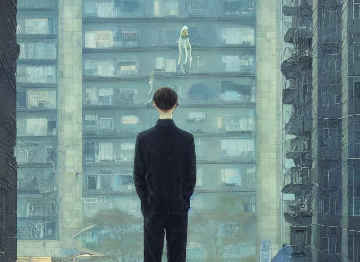 Image similar to portrait of man outside office building with ghost, cynical realism, painterly, yoshitaka amano, miles johnston, moebius, beautiful lighting, miles johnston, klimt, tendrils, in the style of, louise zhang, victor charreton, james jean, two figures, terrence malick screenshots, ghibli screenshot