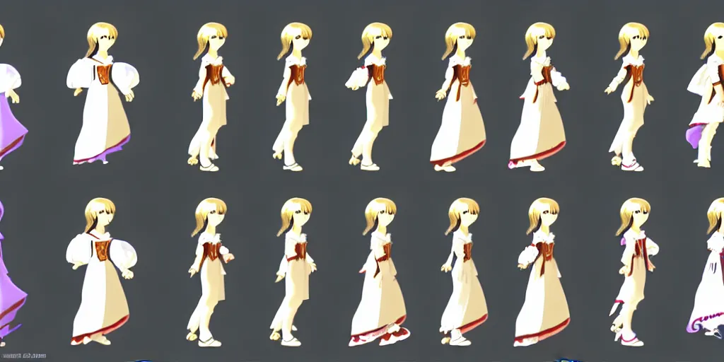 Prompt: walking animation sprite sheet of a girl in a renaissance dress, walking to the right, each sprite is a different frame of the animation, in the style of final fantasy games