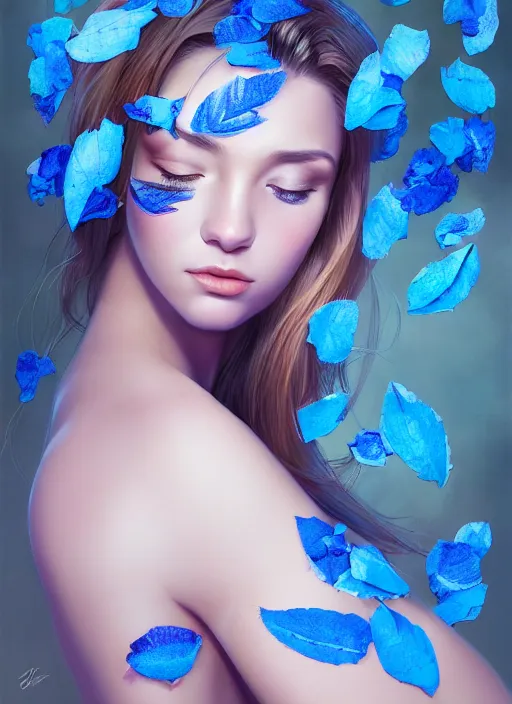 Prompt: gorgeous female full body sensual covered in translucent blue leaf and petals in the style of stefan kostic, cute - fine - face, dasha taran, backlit, refracted lighting, elegant, half body shot, 8 k, insanely detailed, intricate, art by stanley lau, artgerm, wlop, kuvshinov ilya,