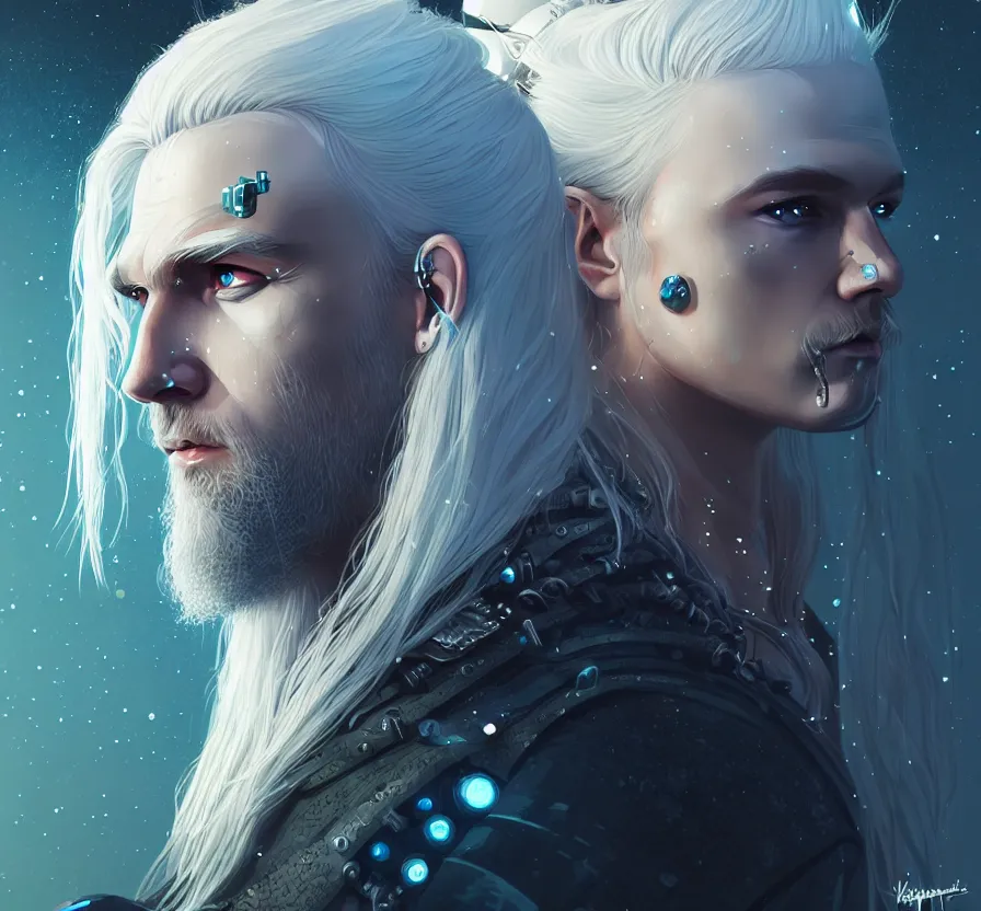 Image similar to cyberpunk viking with white hair, face, sci - fi, constellation geometry, forest background, elegant, highly detailed, digital painting, artstation, concept art, smooth, sharp focus, spiritual art, psychedelic, illustration,