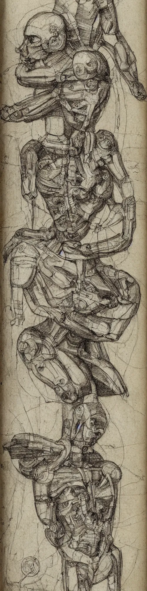 Image similar to humanoid machine sketch by Leonardo da Vinci, sketchbook, highly detailed, scientific illustration