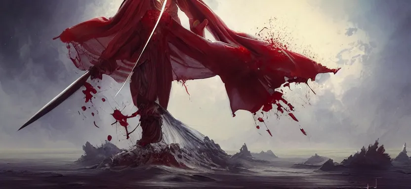 Image similar to sacred vampire against a knight, red sea, sword attack, acanthus scroll, ceremonial clouds, dripping paint, fibonacci rhythm, artstation, art germ, wlop, karol bak, christopher balaskas, ross tran