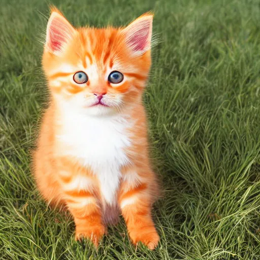 Prompt: cute fluffy orange tabby kitten, golden hour, grass, perfect cat eyes