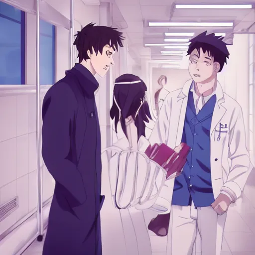 Image similar to a cute and beautiful young lady wearing white coat are talking with a handsome young man wearing white coat in a hospital ward, highly detailed, slice of life anime, illustration, anime scenery by Makoto shinkai