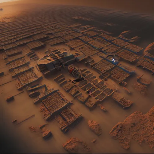 Prompt: A super detailed Mars colony, aerial shot, mood lighting, Behance, digital art, trending on Artstation, by Vincent Di Fate