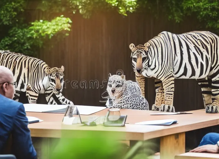 Image similar to photo of a zoo animals on a board meeting. Highly detailed 8k. Intricate. Sony a7r iv 55mm. Stock photo.