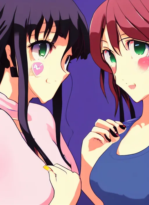 Image similar to two beautiful mothers staring at each other, casual clothes, gorgeous faces, smooth, thick lines, cinematic lighting, detailed anime art