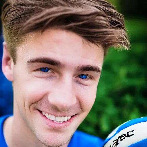 Image similar to photographic portrait of a young white male smiling with short brown hair that sticks up in the front, blue eyes, groomed eyebrows, tapered hairline, sharp jawline, wearing a purple white volleyball jersey, sigma 85mm f/1.4, 15mm, 35mm, 4k, high resolution, 4k, 8k, hd, full color