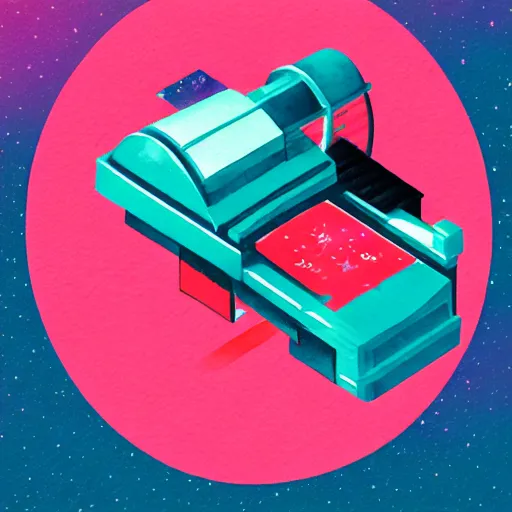 Image similar to an isometric watercolor illustration of an old printer in space, flat synthwave art style